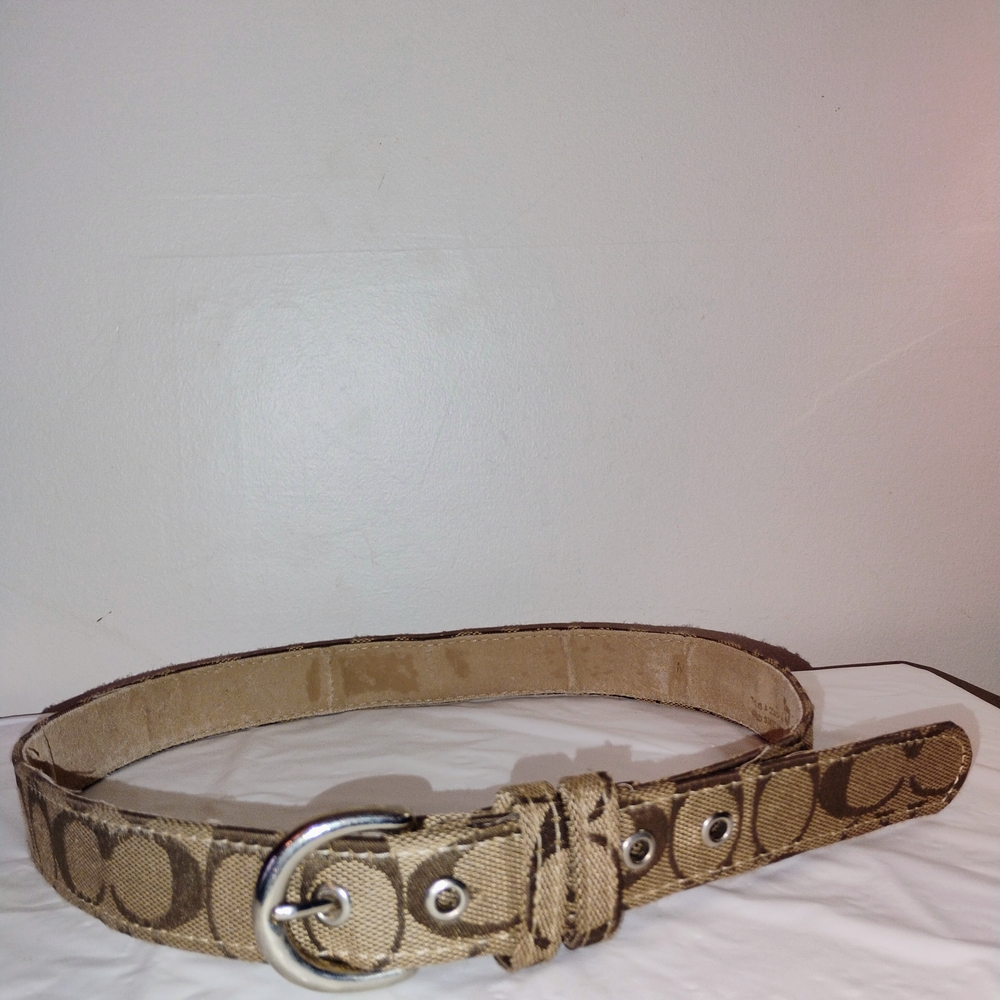 Coach Beige Signature Canvas Belt with Silver Buckle